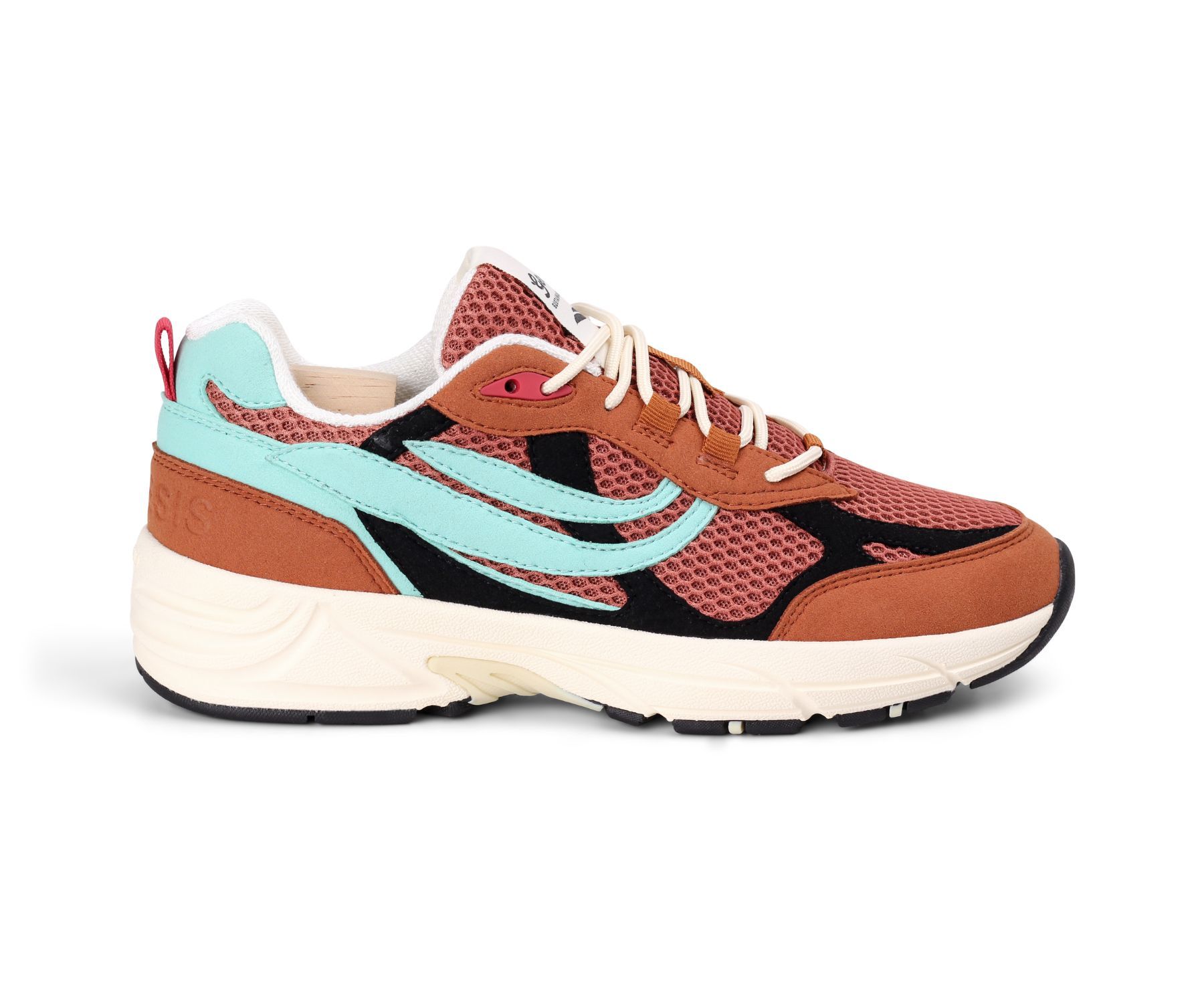 Veganer Genesis G-ECO’99 Multi Colour Sneaker in Braun, Schwarz, Türkis und Rotbraun aus Maisabfällen und recyceltem PET.