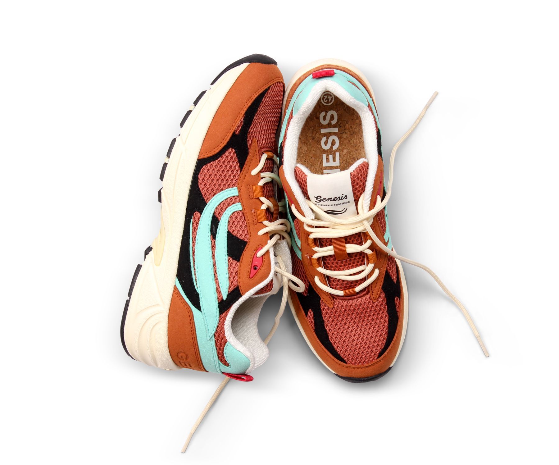 Veganer Genesis G-ECO’99 Multi Colour Sneaker in Braun, Schwarz, Türkis und Rotbraun aus Maisabfällen und recyceltem PET.