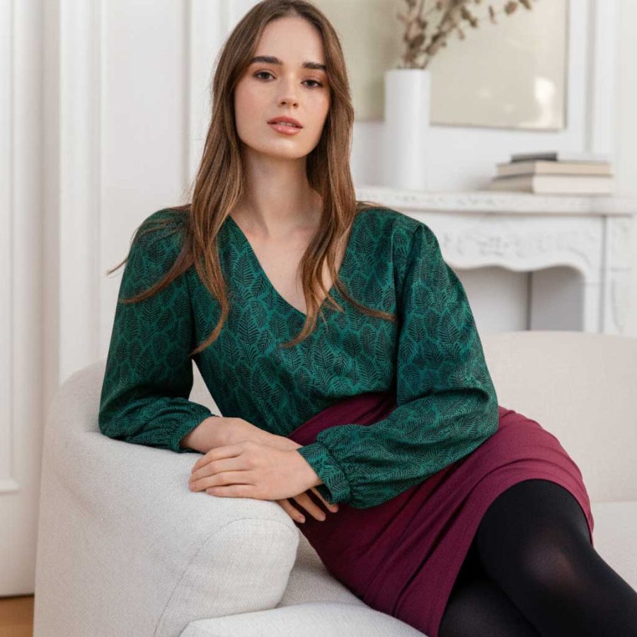 Bluse LUBO mit Print Petrol Blatt