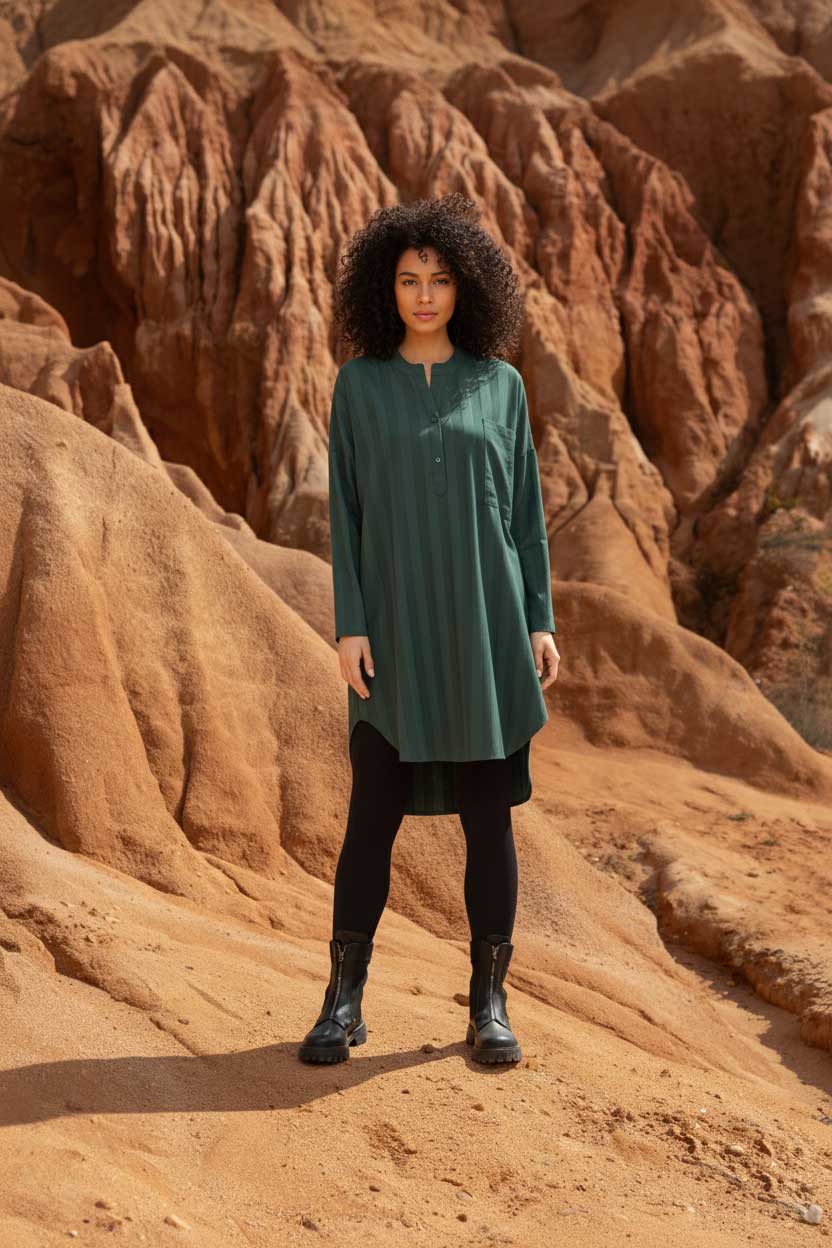 Gestreifte Tunika KOMFI aus 100 % Bio-Baumwolle – Oversize Longbluse mit Stehkragen, Knopfleiste, Brusttasche & Taschen