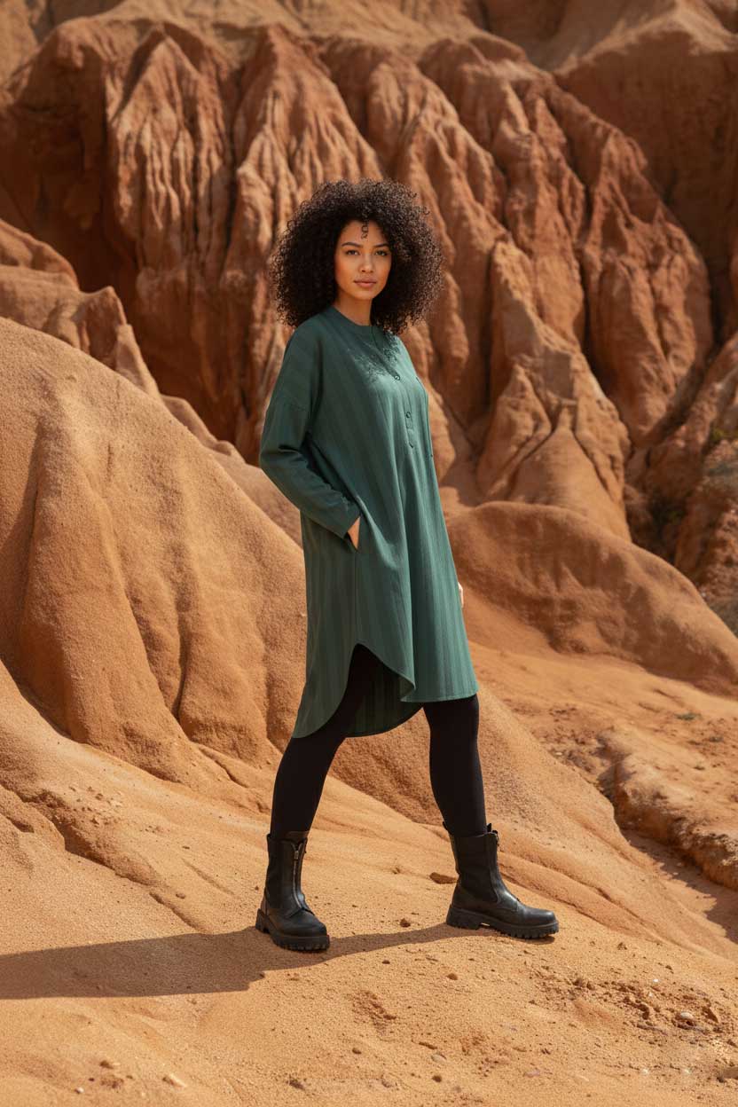 Gestreifte Tunika KOMFI aus 100 % Bio-Baumwolle – Oversize Longbluse mit Stehkragen, Knopfleiste, Brusttasche & Taschen
