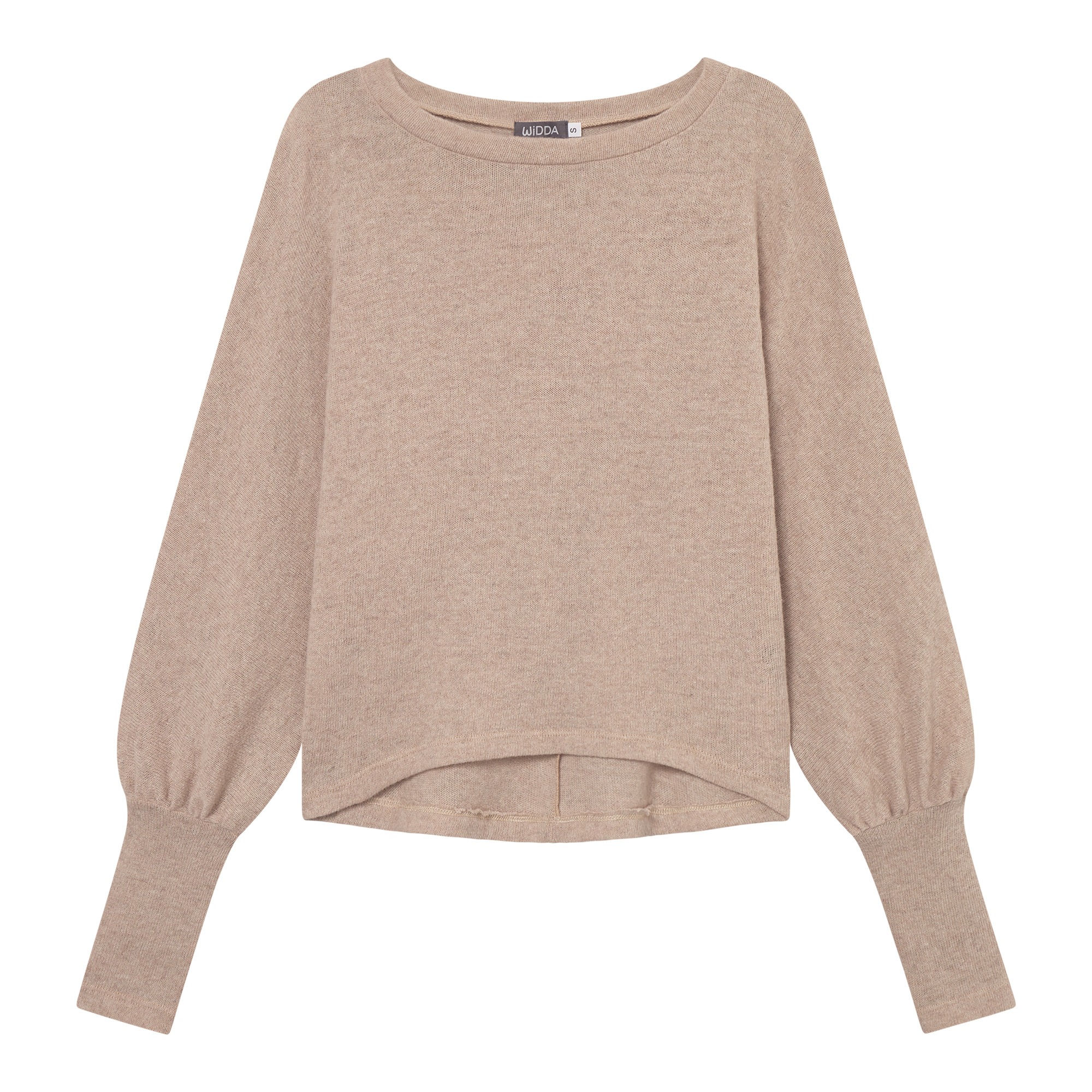 Pullover BOXI beige aus recycelter Wolle – Damen Strickpullover mit Puffärmeln, nachhaltig produziert, weich und warm.