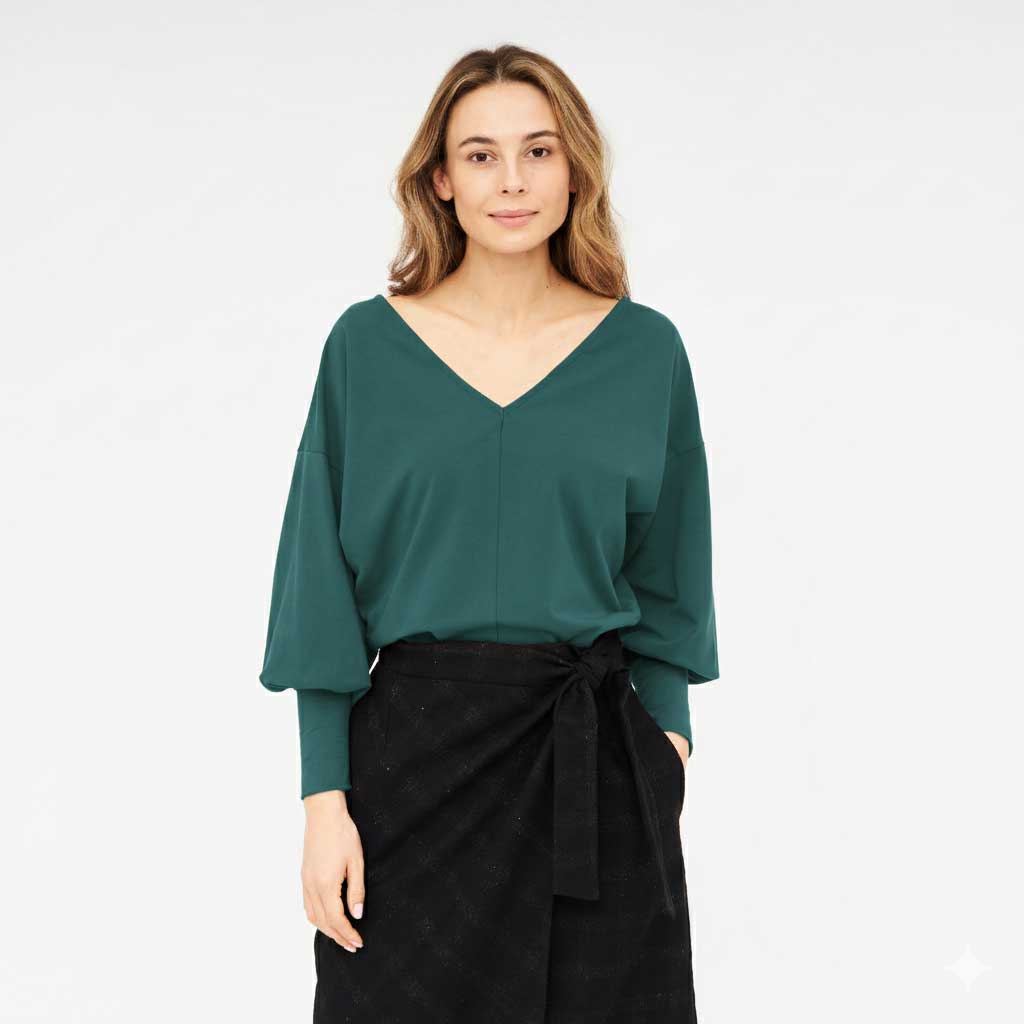Longsleeve AVA Petrol aus Bio-Baumwolle mit Wendefunktion – V- und Rundhalsausschnitt
