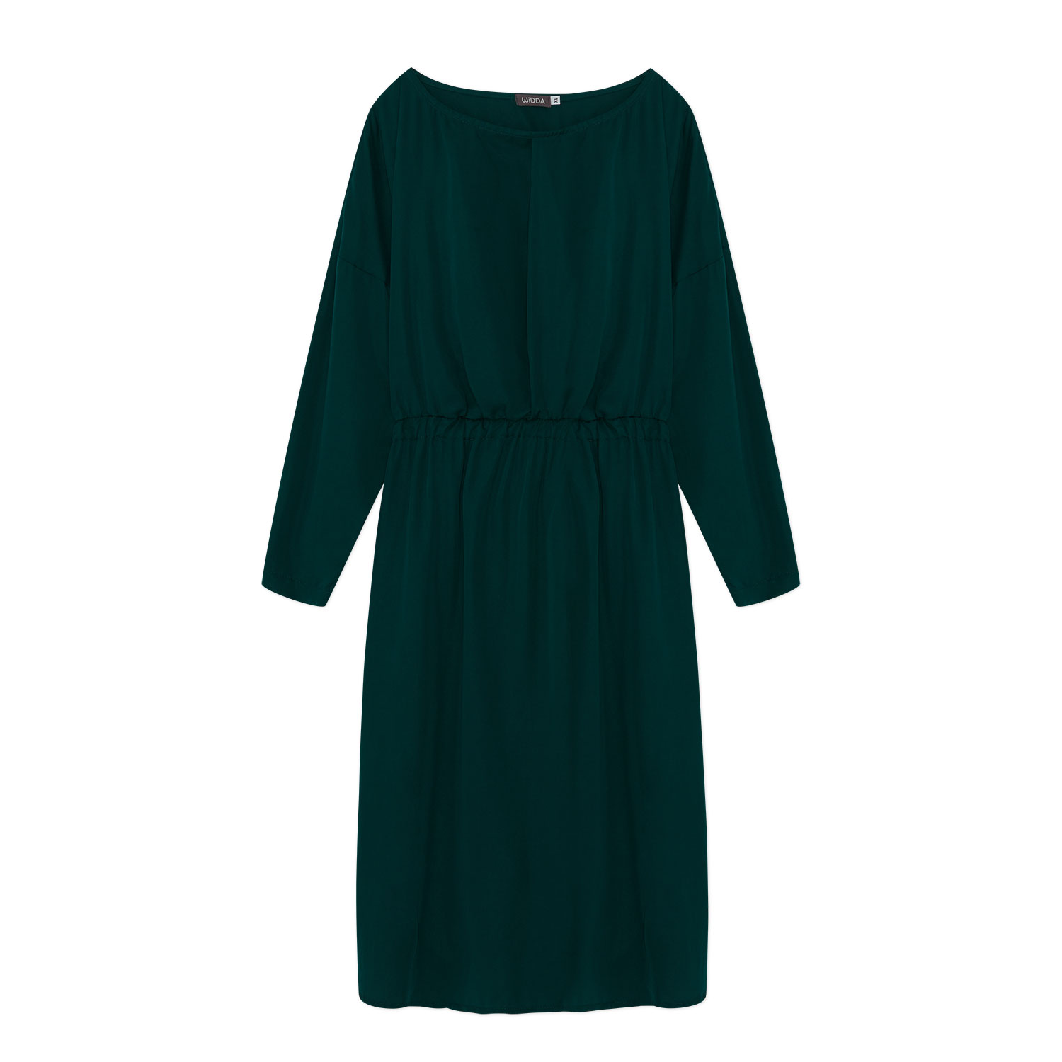Waldgrünes langärmeliges Kleid aus nachhaltigem Tencel. Knielanges Kleid mit Falte vorn am Ausschnitt und Seitentaschen.