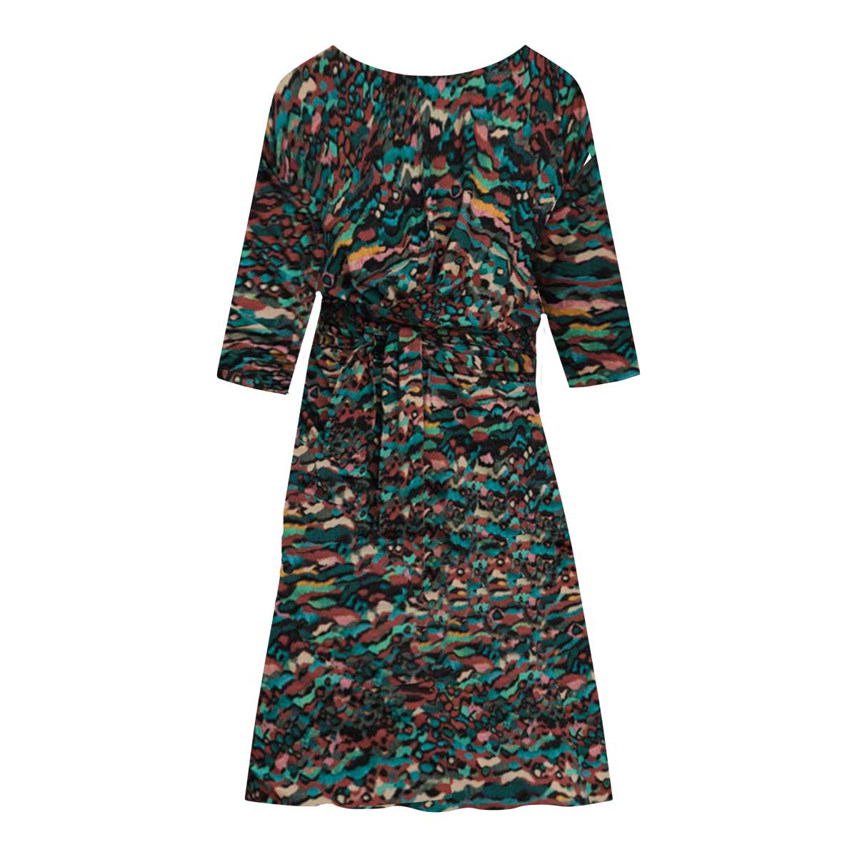 Gemustertes Jerseykleid aus ECOVERO® Jersey mit V-Ausschnitt, 2/3-Ärmeln, ausgestelltem Rock und Bindegürtel – fair produziert in Polen