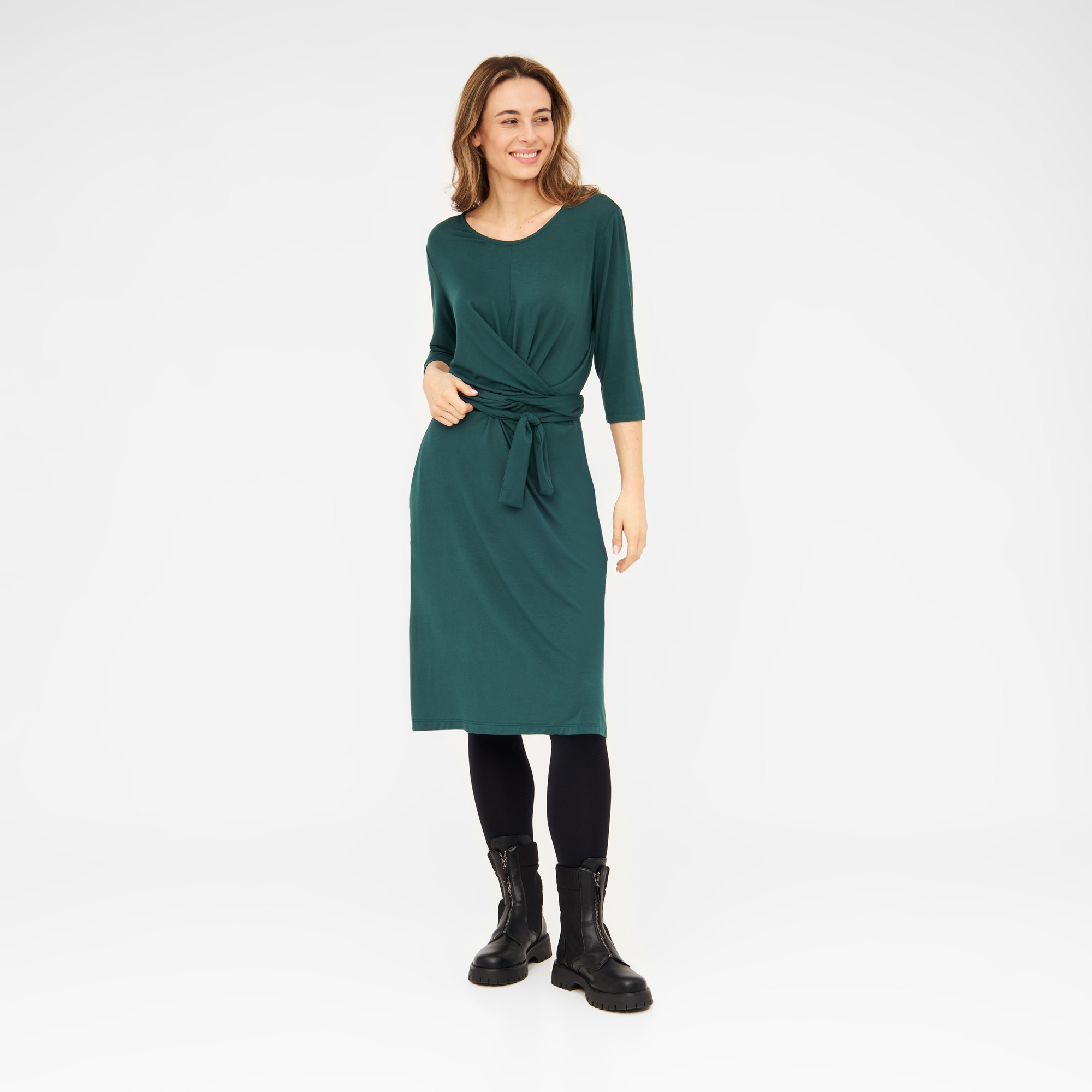Jerseykleid SLINGA in Petrol – nachhaltiges Midikleid mit Wickeleffekt und Bindegürtel aus Bio-Baumwolle