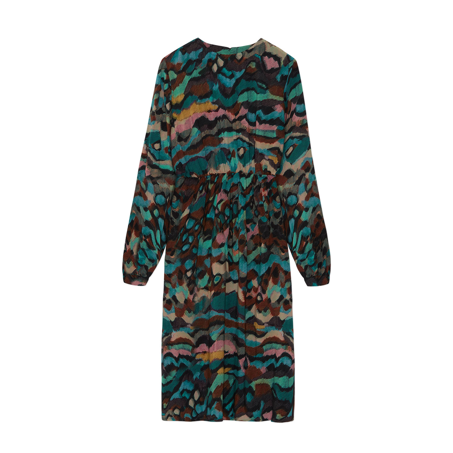 gemustertes Kleid aus Ecovero, langärmelig mit Taschen, Gummibund und Grafikmuster in Blau-Grün