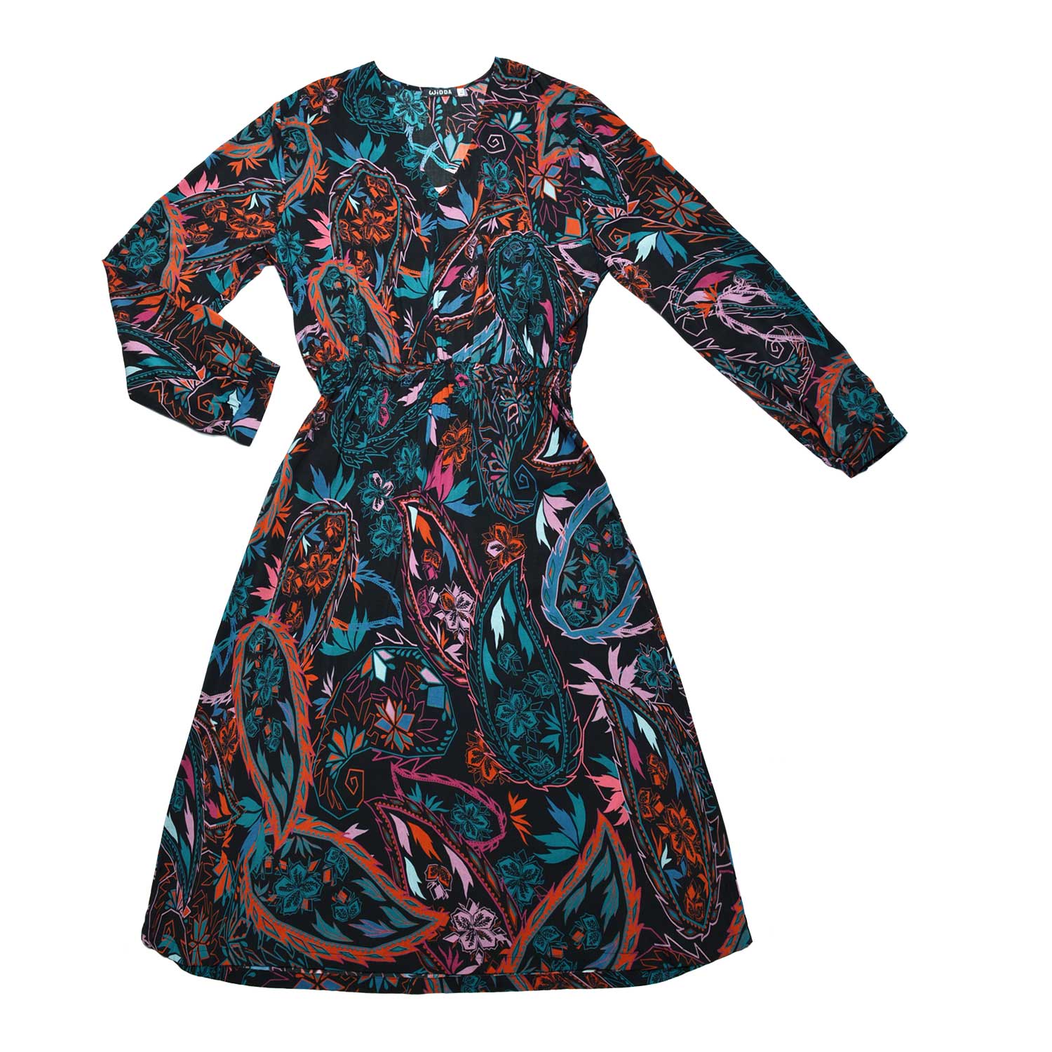 langärmeliges wadenlanges Kleid mit V-Ausschnitt und floralem Paisley Muster aus Ecovero - fai rproduziert in Polen