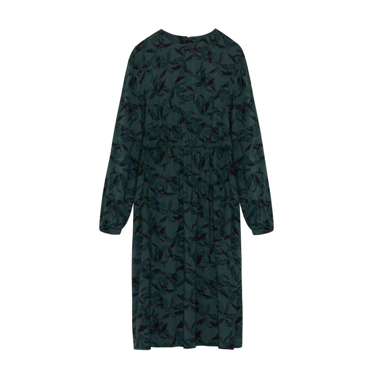 gemustertes Kleid aus Ecovero, langärmelig mit Taschen, Gummibund und Blättermuster in Blau-Grün