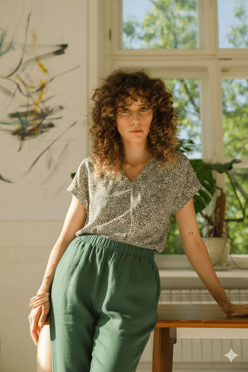 Sommerliche Leinenhose BOLLE in grünem Petrol, Detailansicht Bundfalten