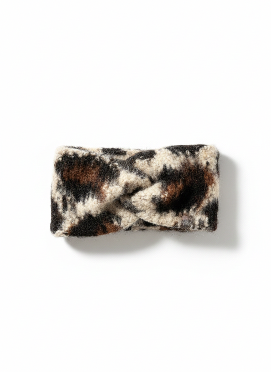 Wollstirnband LORDI mit Leo-Muster in erdigen Farbtönen aus weichem Wollmix und Deadstock Fabric