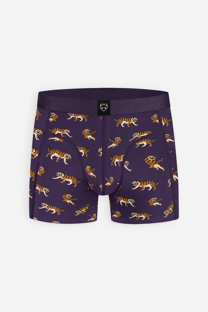 A-dam Boxer Briefs Purple Tigers – nachhaltige Herrenunterhose aus GOTS-Bio-Baumwolle mit violettem Tiger-Print