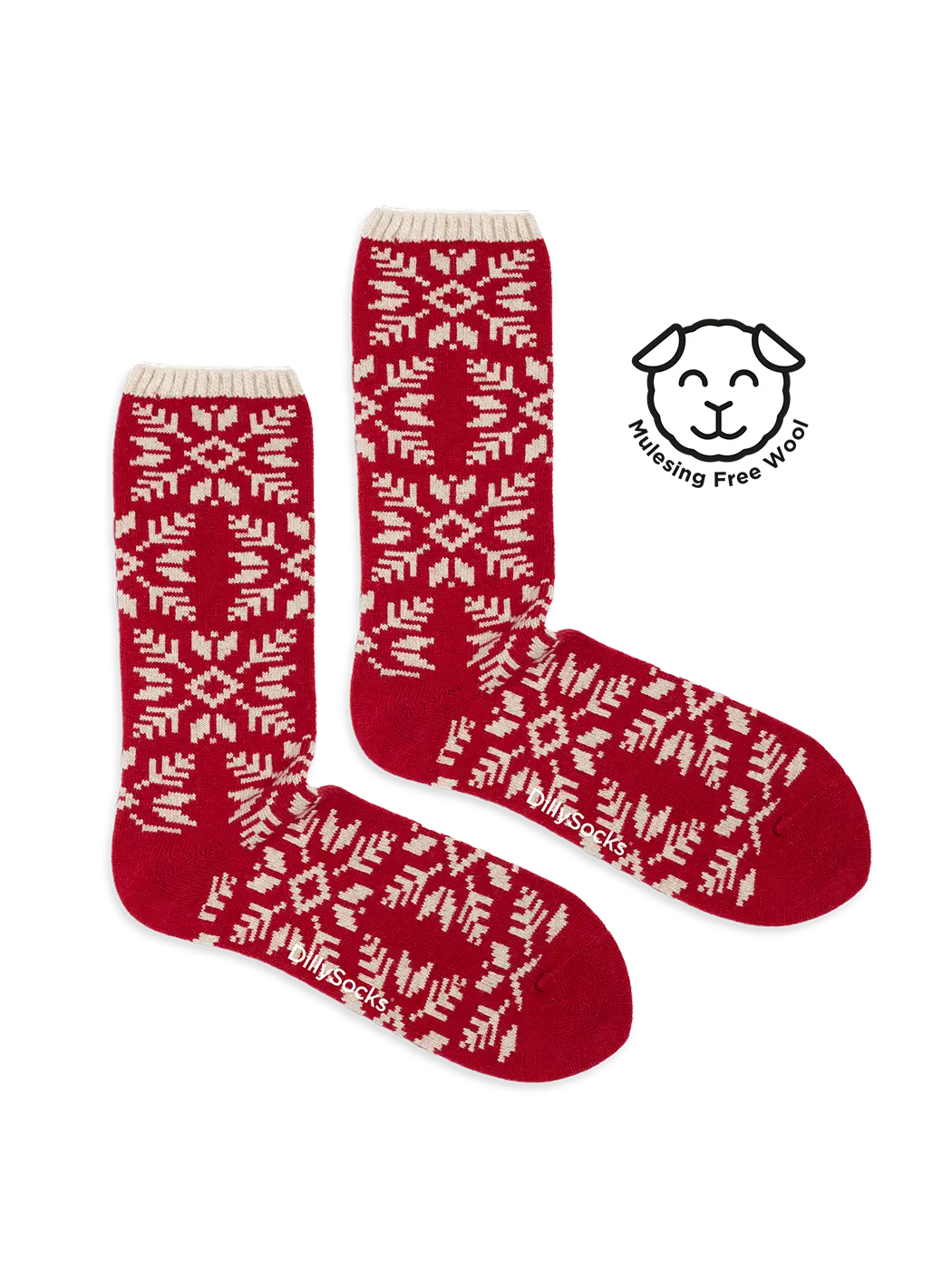 DillySocks Cozy Aino Wollsocken mit rotem Wintermuster, wadenhohem Schaft und Komfortbündchen, aus Wolle, Viskose und Kaschmir.