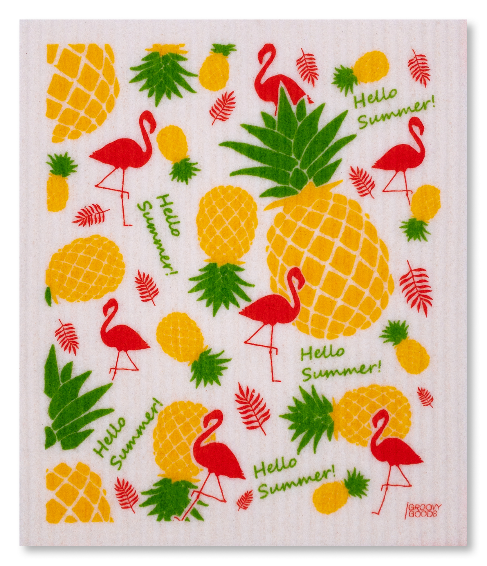 veganes Schwammtuch "Hello Summer" mit Ananas und Flamingos bedruckt - made in Germany