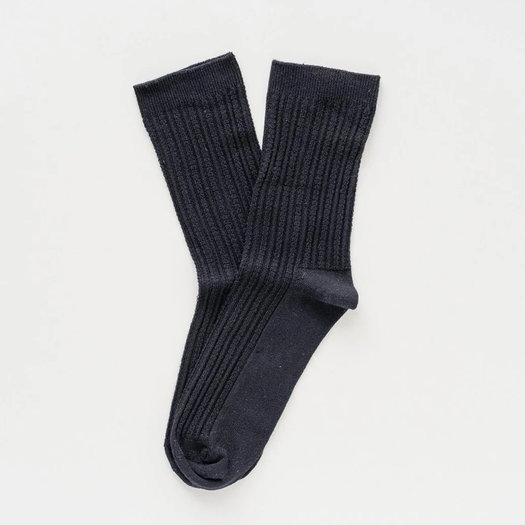 Schwarze KLUE Pointelle Socken aus TENCEL™ Modal mit feinem Rippstrick und filigranem Lochmuster in Größe 36–40.