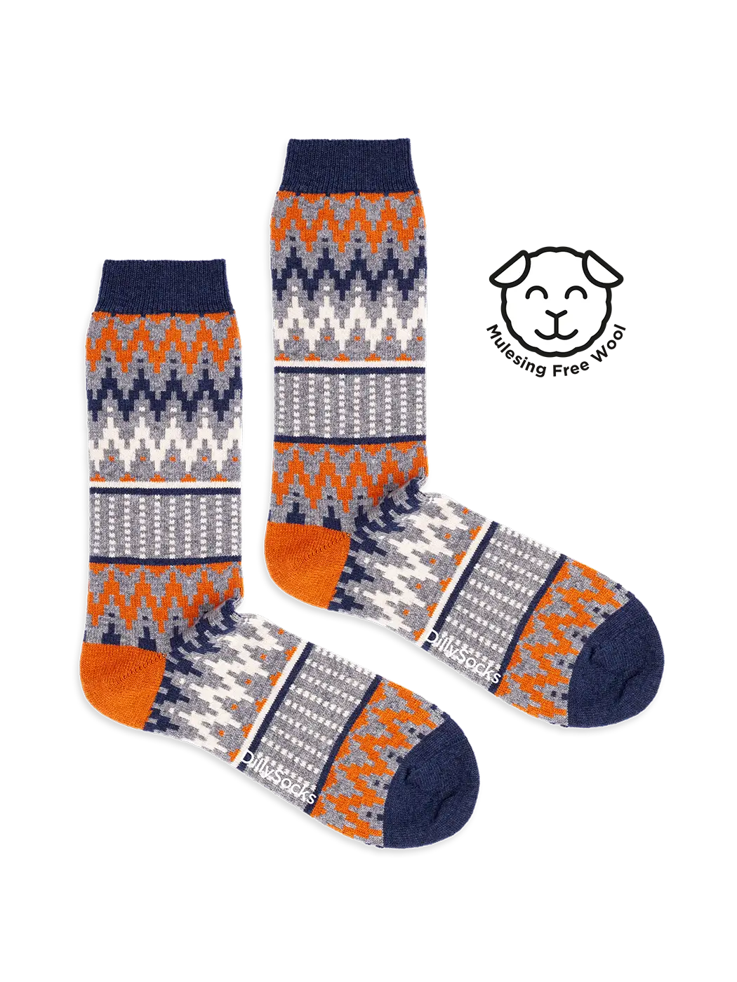 Cozy Meri Wollsocken von DillySocks mit grafischem Norwegermuster in Orange, Blau, Grau und Weiß, wadenhohe Unisex-Socken mit Wolle und Kaschmir.