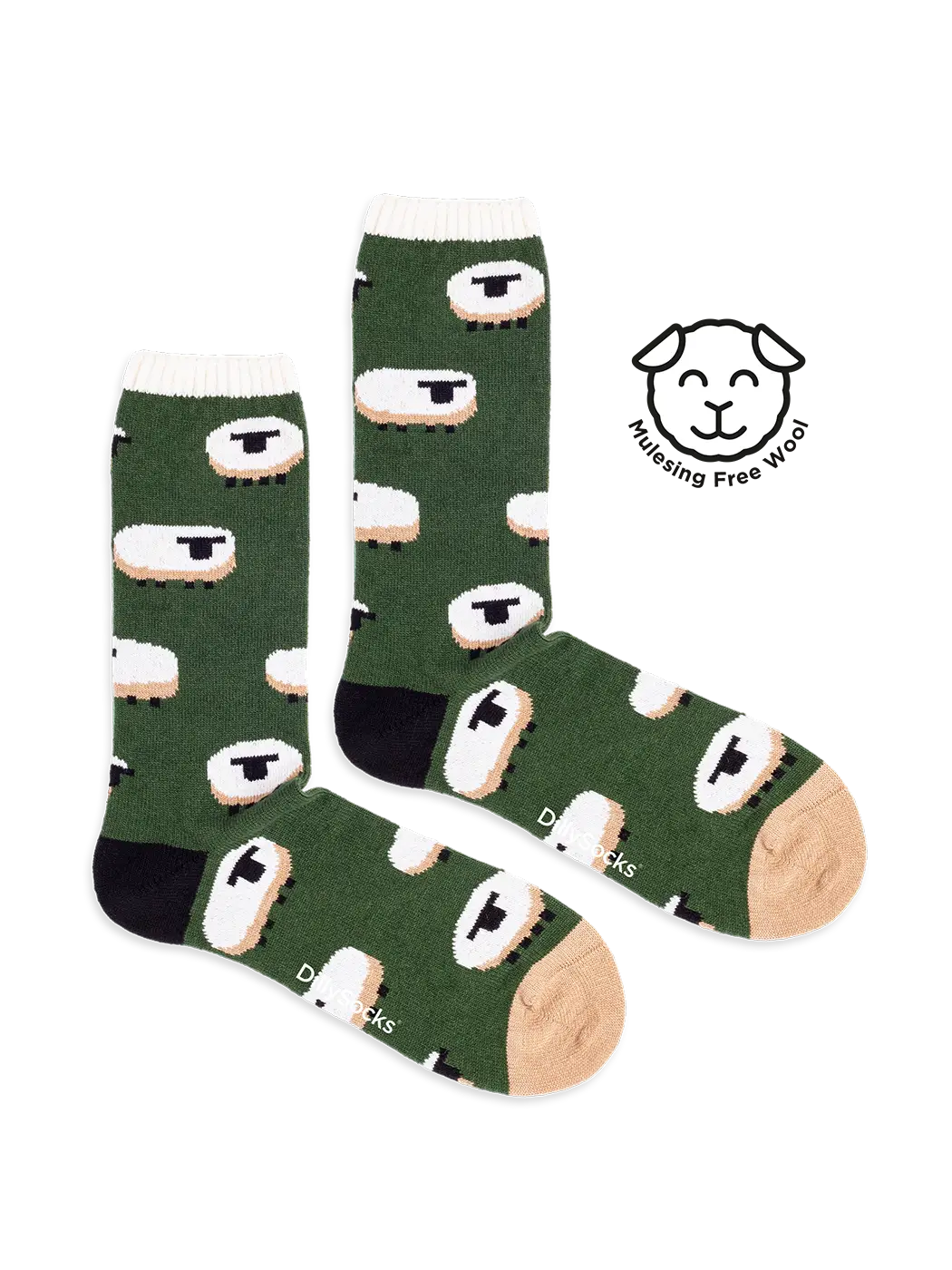 Grün-weiße Cozy Magnus Wollsocken von DillySocks mit Schafmotiv, wadenhohem Schaft und Komfortbündchen, aus Wolle, Viskose und Kaschmir.