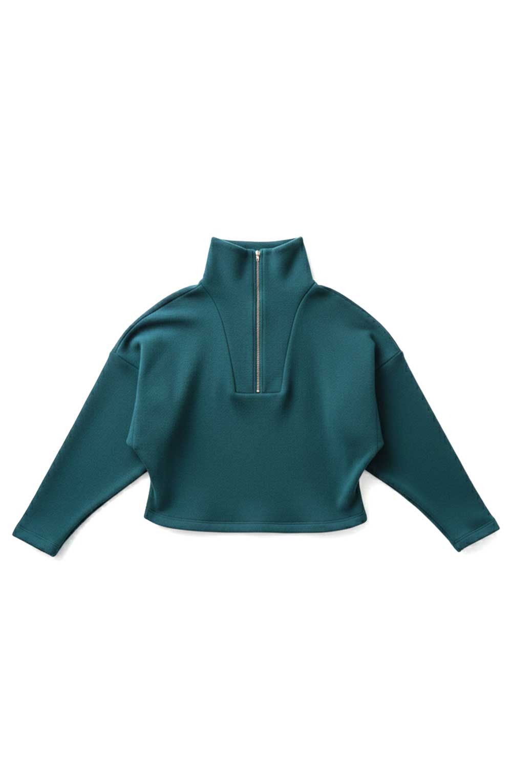 Weiter Troyer TROYA in Petrol aus Bio-Baumwoll-Fleece mit hohem Reißverschlusskragen, Fledermausschnitt und lockerer Silhouette.