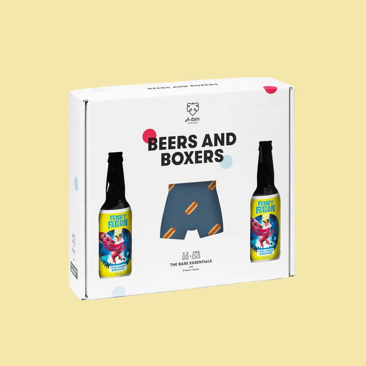 Geschenkset Beers & Boxers von A-dam Underwear mit einer Boxershorts mit Hotdogs bedruckt und zwei Flaschen niederländischem Craft Beer