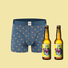 Geschenkset Beers & Boxers von A-dam Underwear mit einer Boxershorts mit Hotdogs bedruckt und zwei Flaschen niederländischem Craft Beer