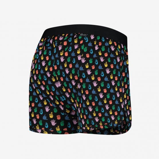 Boxershorts HIRO von A-dam Underwear aus Bio-Baumwolle bedruckt mit bunten Händen auf schwarzem Grund
