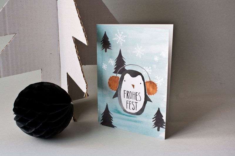 Weihnachtskarte mit Pinguin, Klappkarte zu Weihnachten