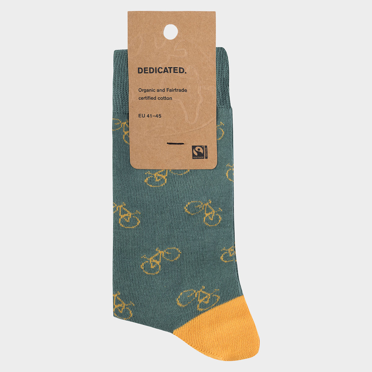 Grün gelbe Socken aus Bio-Baumwolle mit Fahrrad-Muster von Dedicated