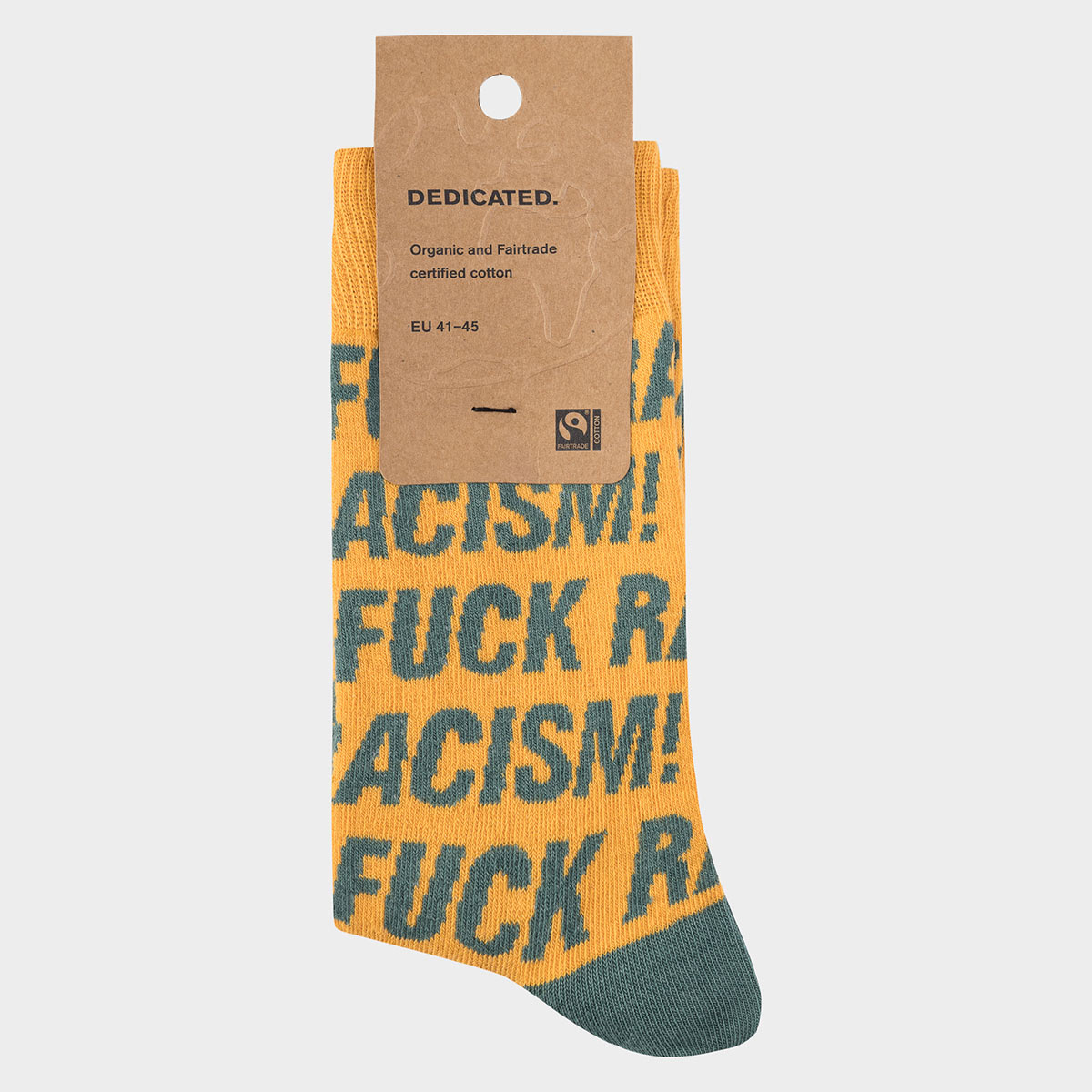 Socken mit Fuck Racism Slogan von Dedicated. Strümpfe aus Bio-Baumwolle in Gelb mit grauem Muster.