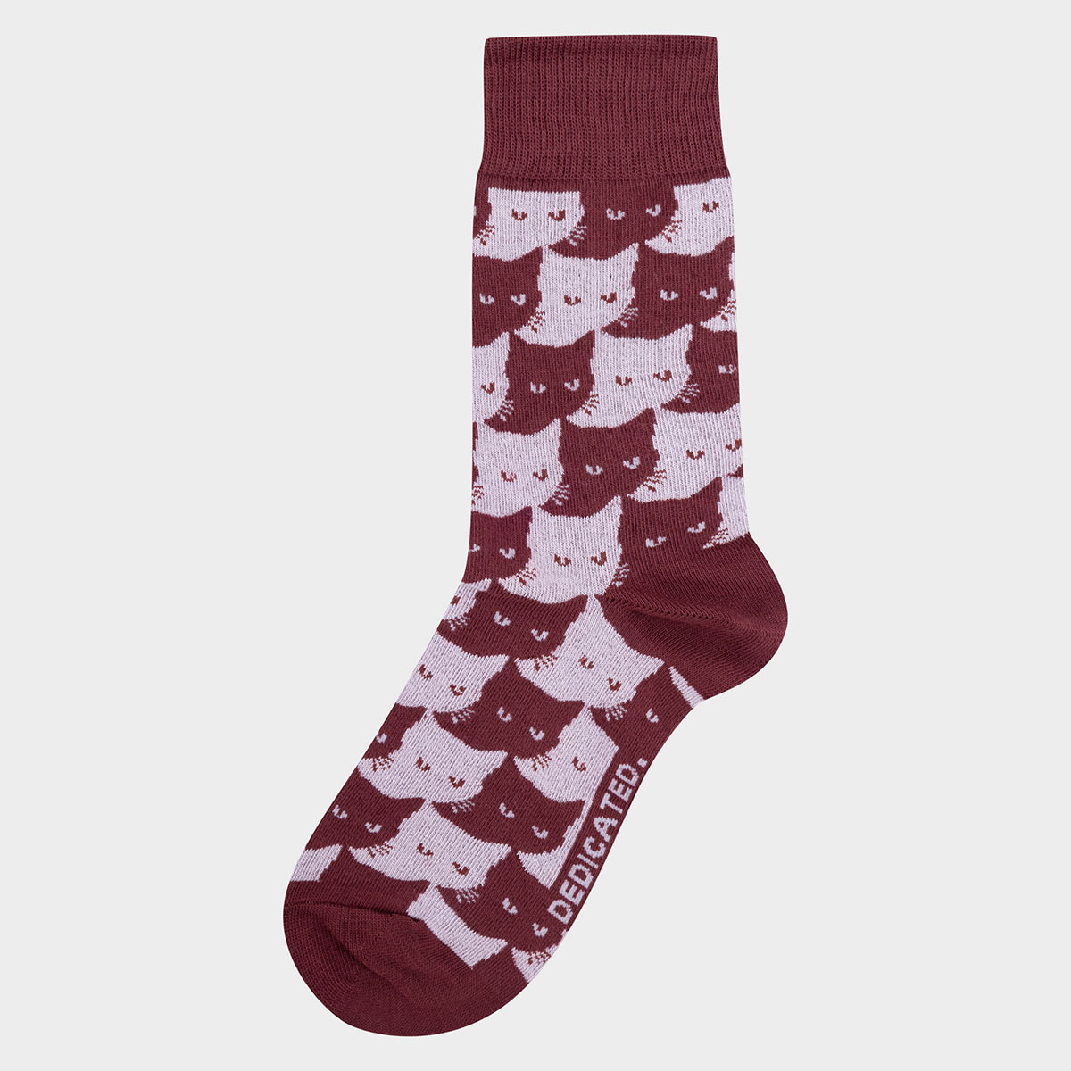 Socken mit Katzen Motiv aus Bio-Baumwolle in Weinrot.