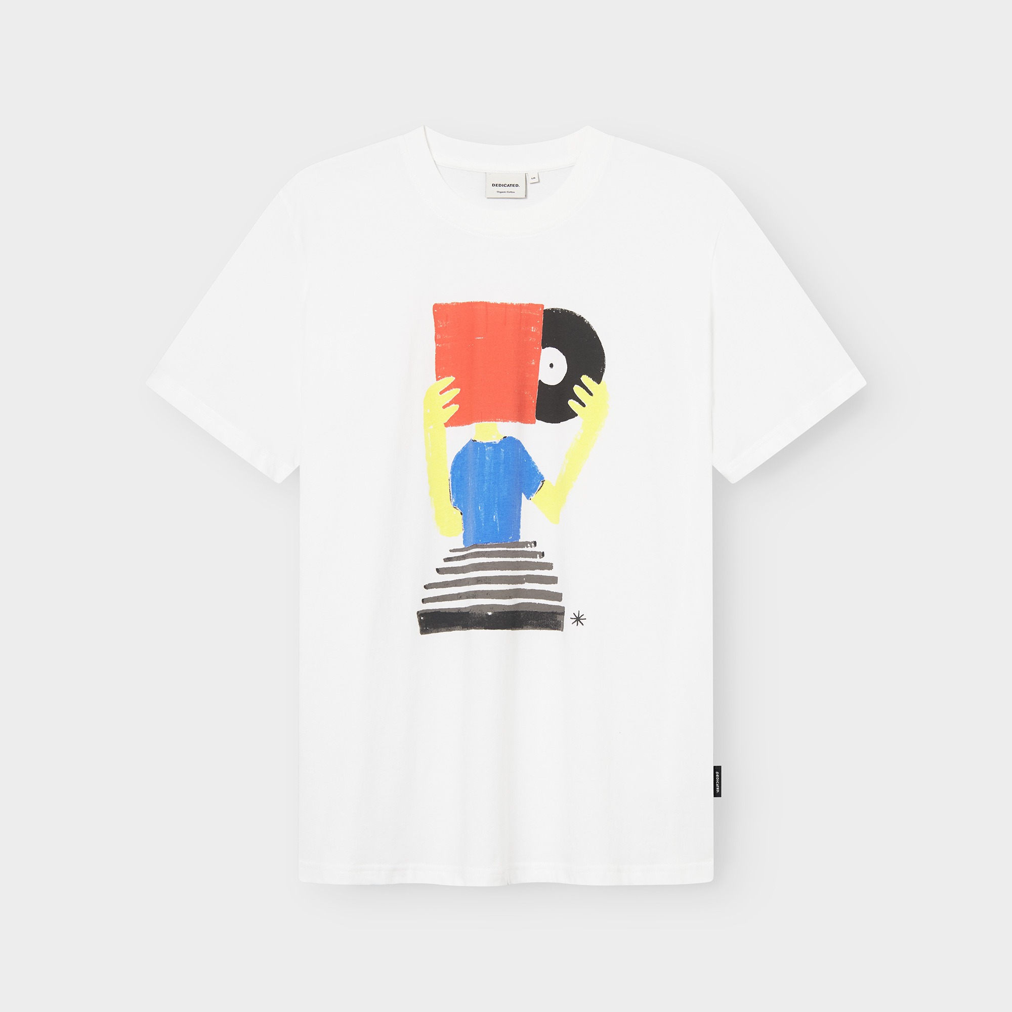 weißes T-Shirt "Diggin White" von Dedicated mit stilisiertem DJ Motiv. Aus Bio-Baumwolle gefertigt.