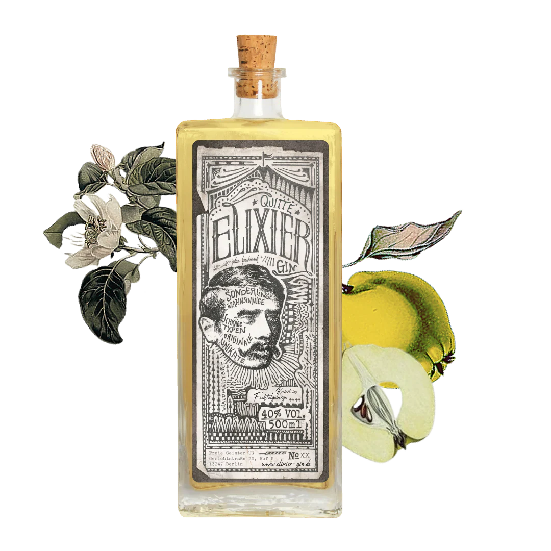 Elixier Quitte Gin 500 ml – handgemachter Gin aus dem Fichtelgebirge mit Quitte und Waldmeister, fruchtig-herb