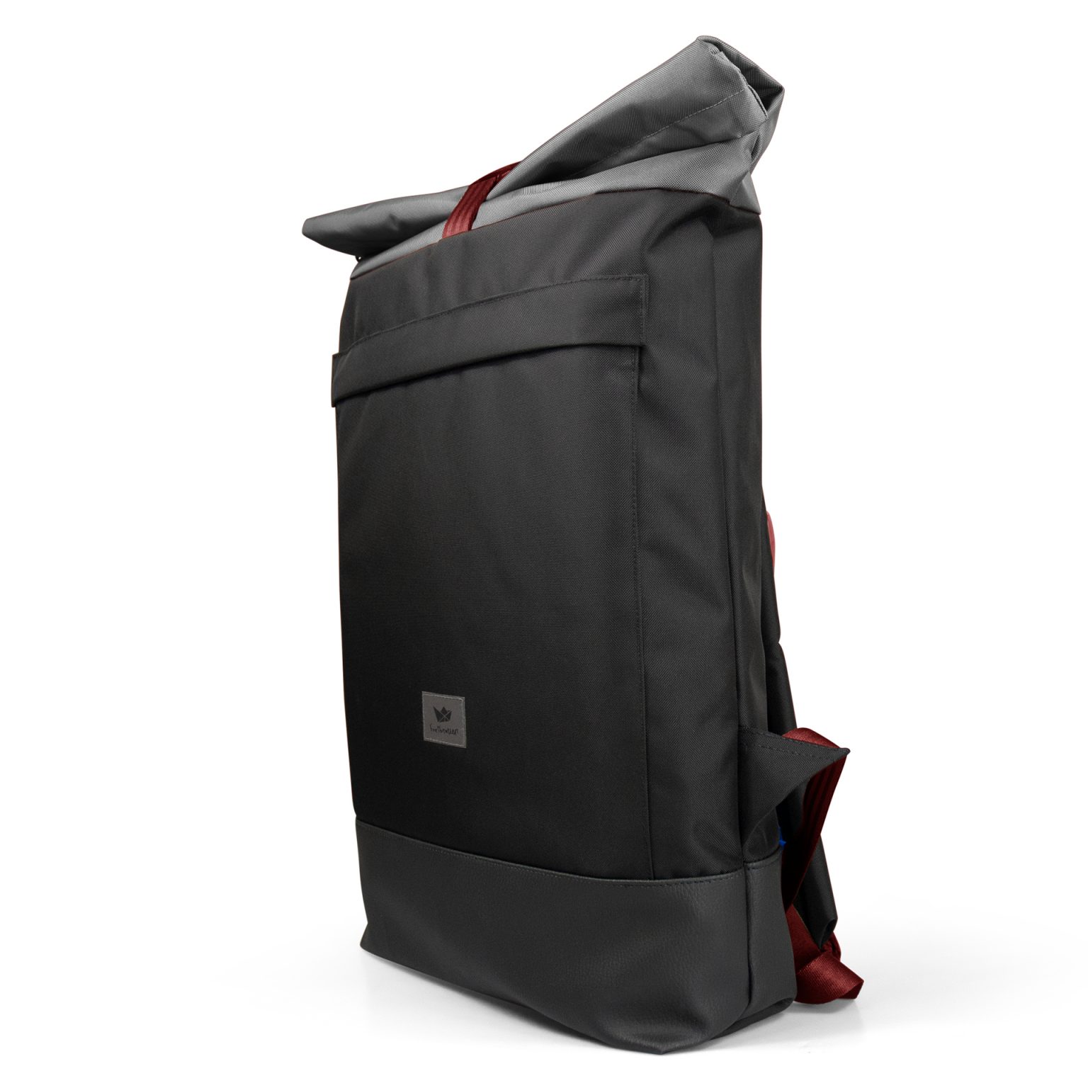 schwarzer Courierbag Rucksack mit rotem Kontrastband von Freibeutler - vegan und aus recyceltem PET hergestellt
