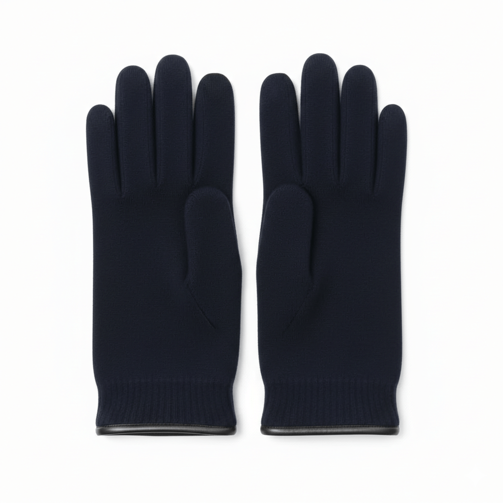 dunkelblaue Wollhandschuhe aus Schurwolle mit Lederpaspel von Gebeana