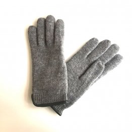 Wollhandschuhe Fingerhandschuhe in Grau Melange aus Schurwolle mit Lederpaspel