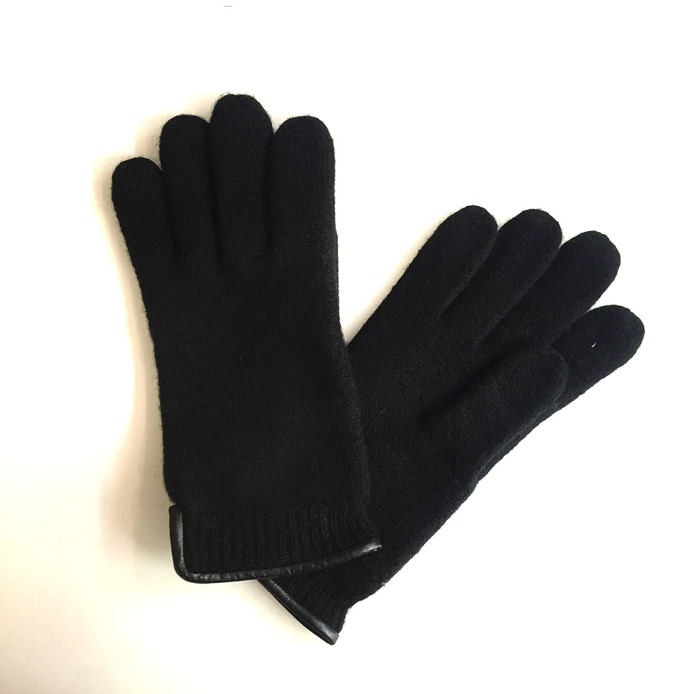 Wollhandschuhe Fingerhandschuhe in Schwarz aus Schurwolle mit Lederpaspel