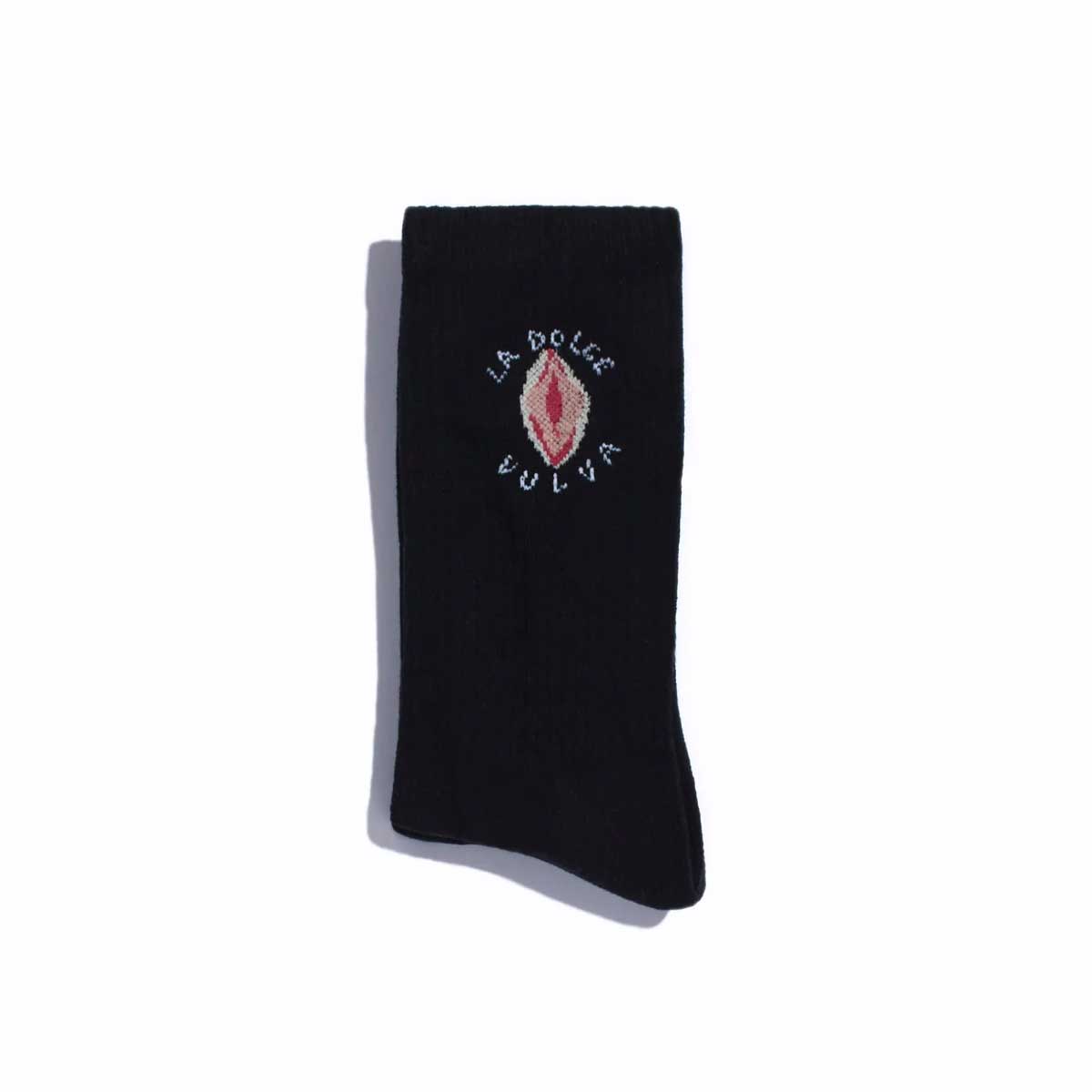 La Dolce Vulva Socken in schwarz mit Aufschrift und Vulva Stickerei.