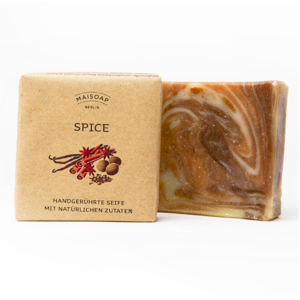 Maisoap Spice Seife vegan – rechteckiger Naturseifen-Riegel mit warm-würziger Duftnote (Nelke, Zimt, Muskat, Orange)