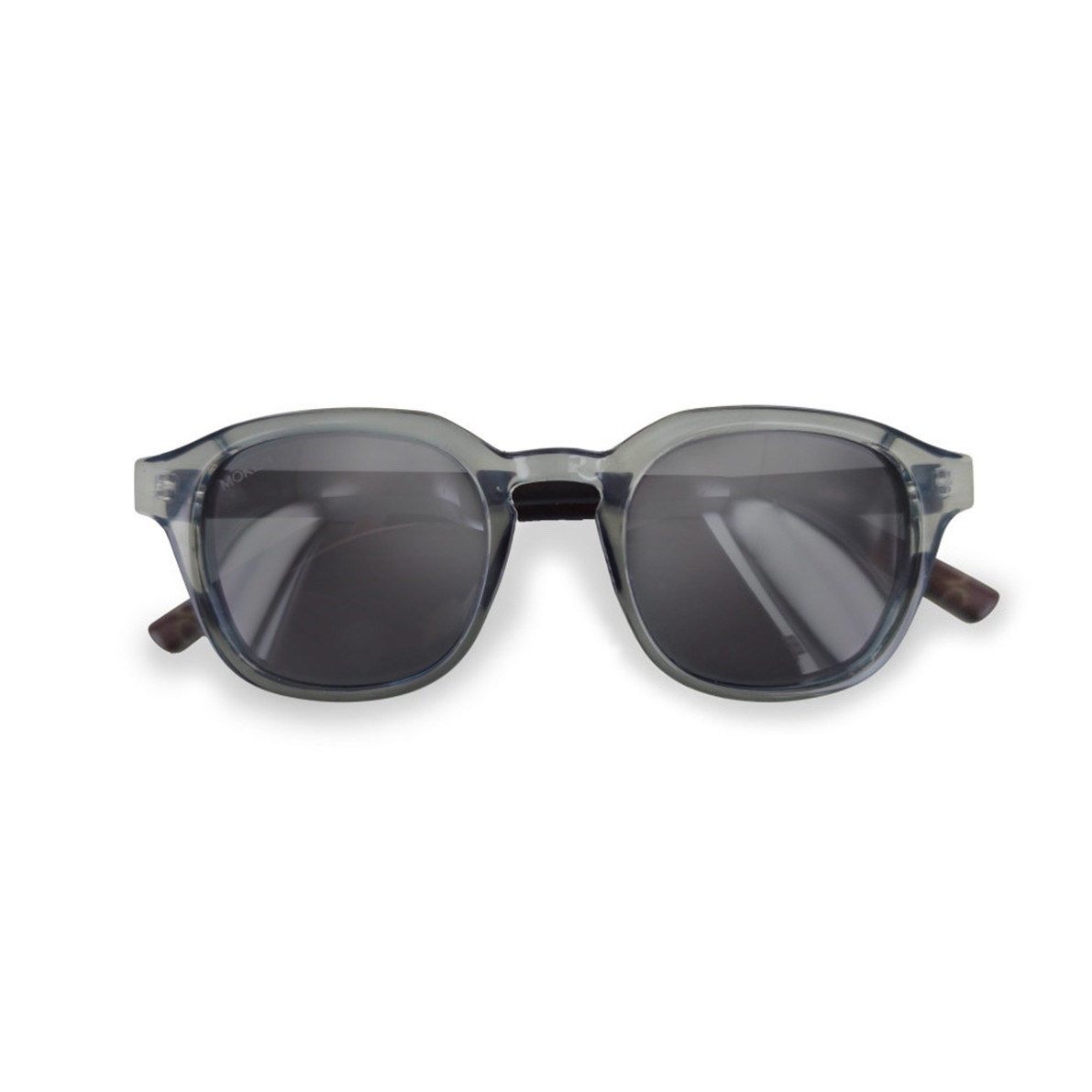 Graue Sonnenbrille KRAFTER von Moken Eyewear mit Holzdetails, eckiger Form und polarisierten CAT3-Gläsern.