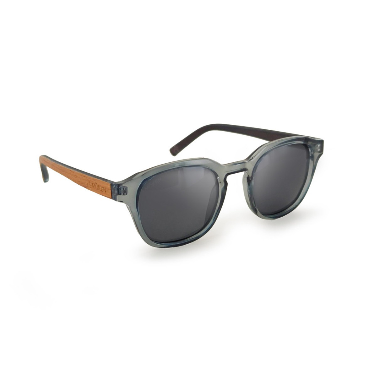 Graue Sonnenbrille KRAFTER von Moken Eyewear mit Holzdetails, eckiger Form und polarisierten CAT3-Gläsern.