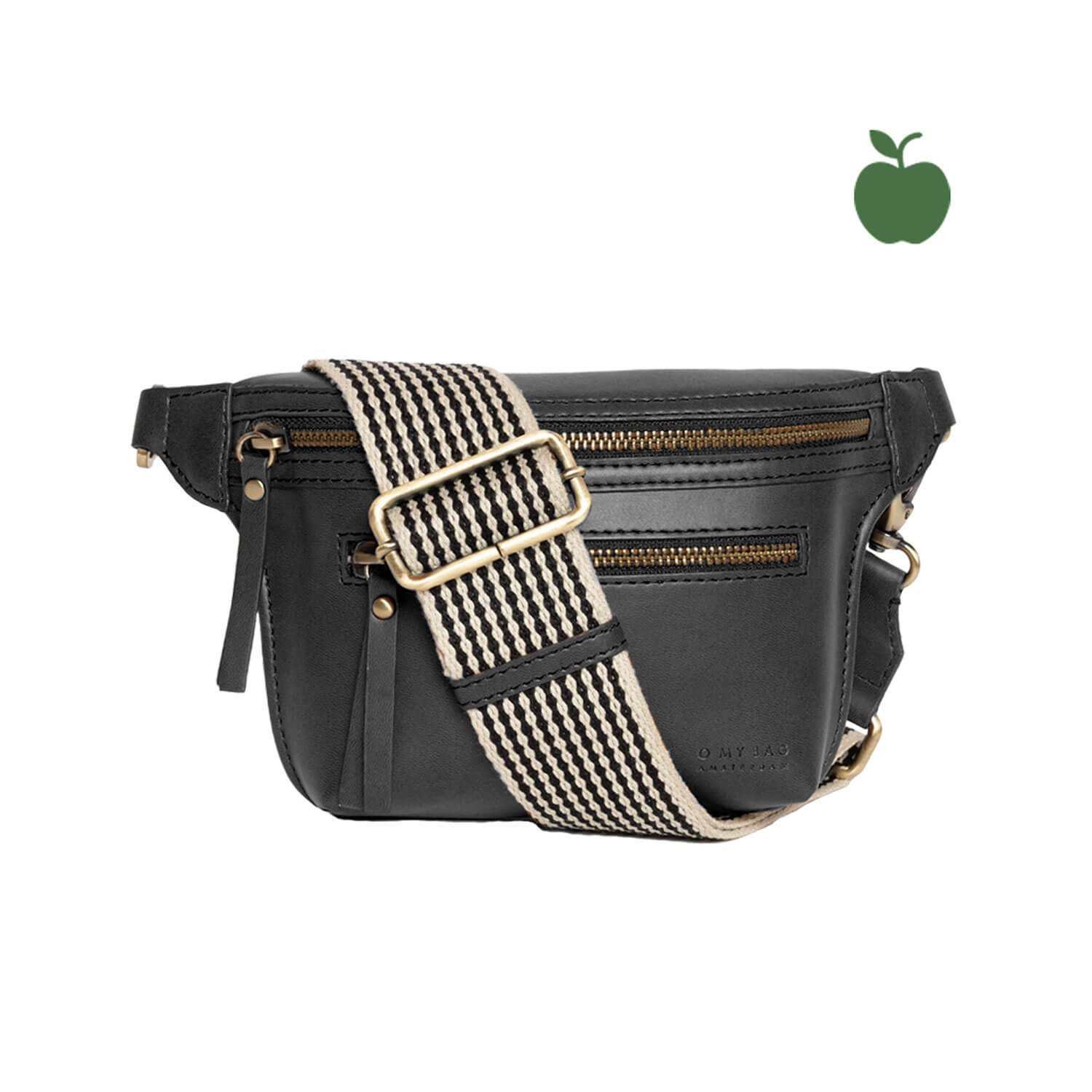schwarze Gürteltasche aus veganem Apfelleder mit breitem Webgurt von O My Bag