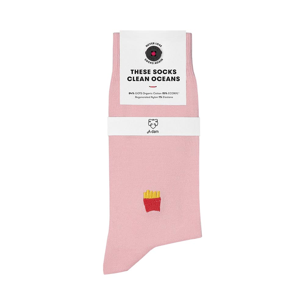 rosa Socken mit Pommes aufgestickt fair produziert aus Bio-Baumwolle
