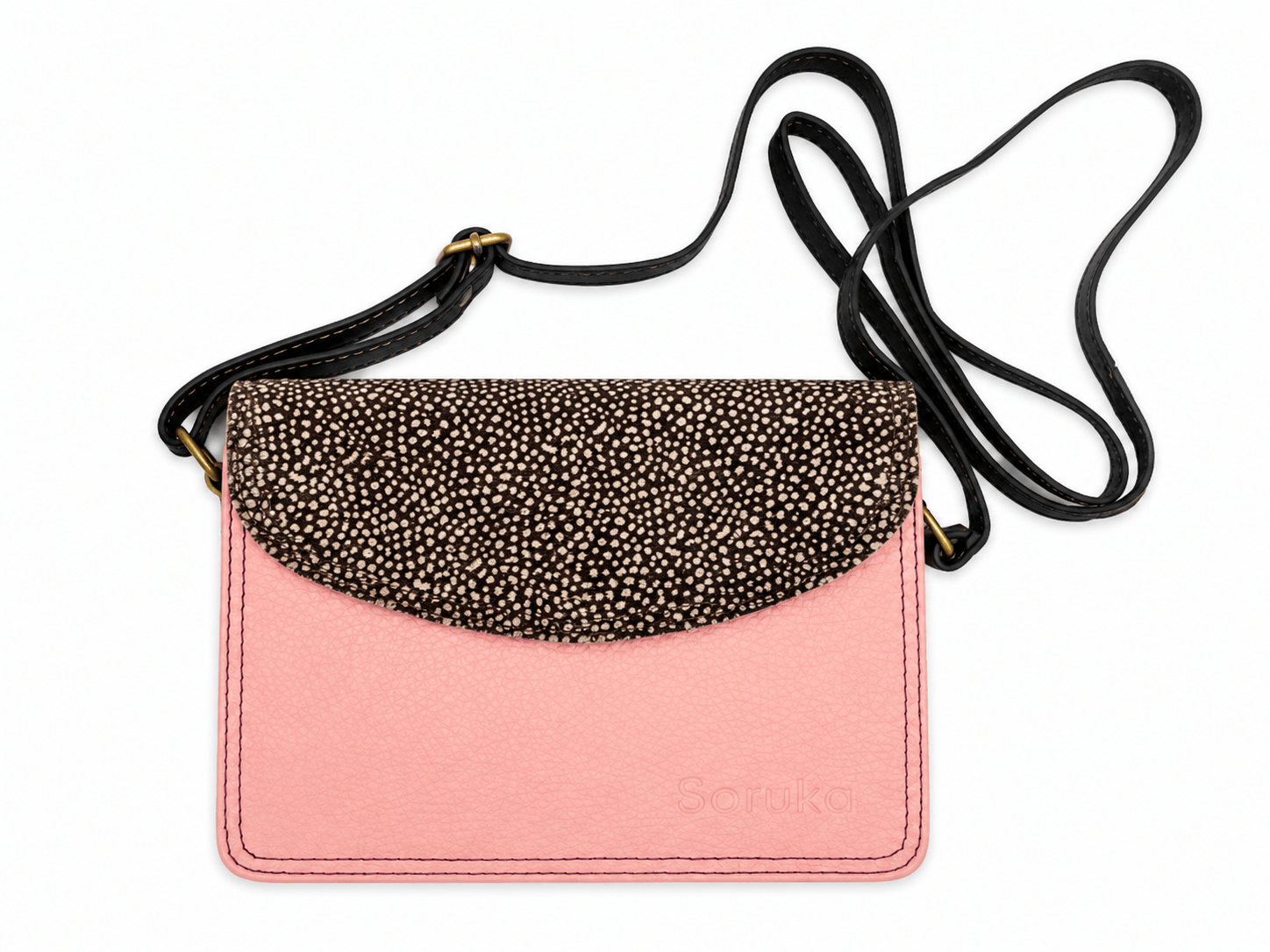 Handtsche BETH von Soruka aus Lederresten. Ledertasche in Rosa und Kuhfell mit Punktmuster.