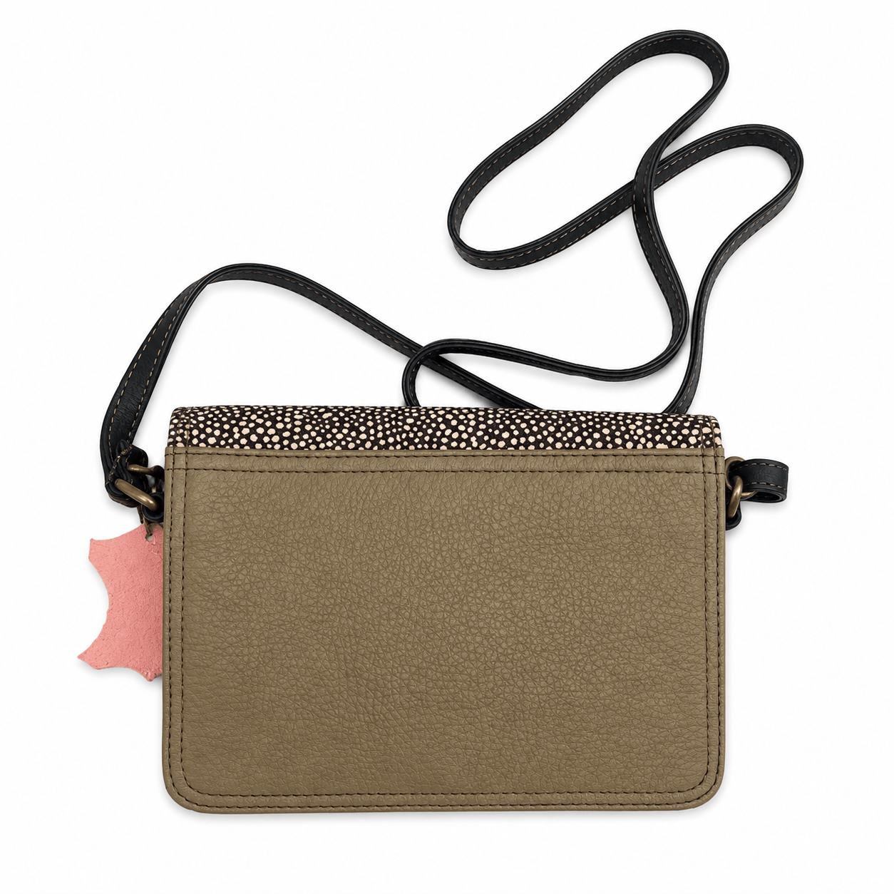 Handtsche BETH von Soruka aus Lederresten. Ledertasche in Rosa und Kuhfell mit Punktmuster. Rückansicht
