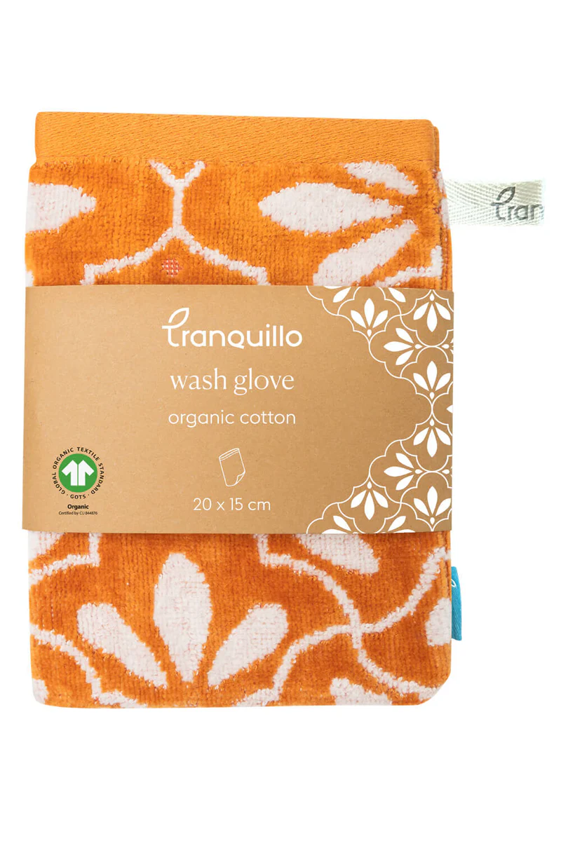 Tranquillo Waschhandschuh RETRO – nachhaltiger Waschhandschuh aus 100 % Bio-Baumwolle mit Retro-Muster, 20 × 15 cm
