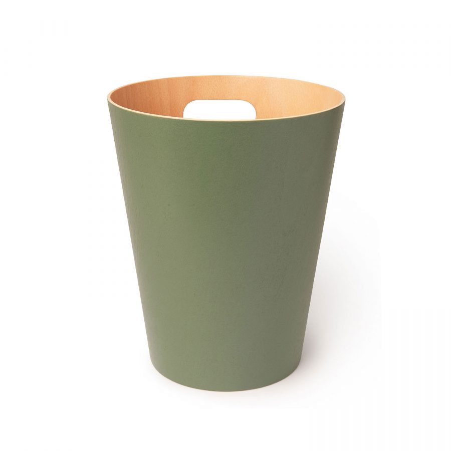 eleganter schlichter Papierkorb aus grün lackiertem Sperrholz